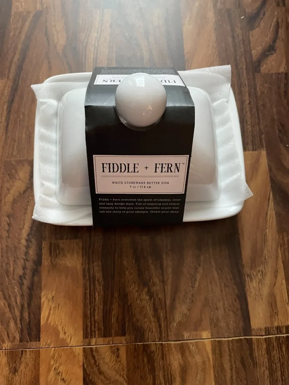 Fiddle + Fern White Stoneware Butter Dish-NWT